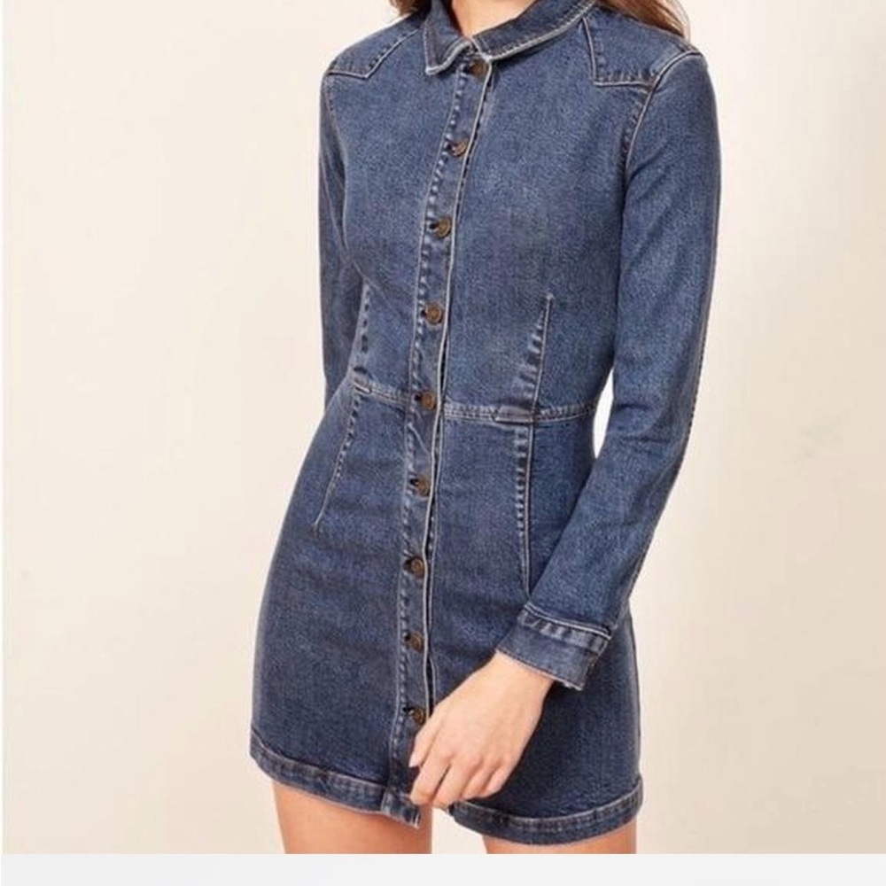 Reformation Denim Button-Front Long-Sleeve Mini Dress - Blue